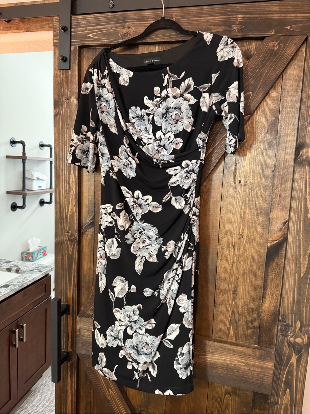 connected apparel Black Floral Midi Dress with White Bloom Print